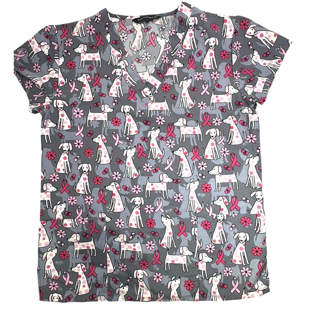 Cassandra O Scrub Top Daisy Puppies Breast Cancer Ribbon Pink Dog Dot Vet S